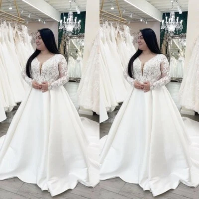Brautkleider Langärmel V-Ausschnitt Spitze Applikation A Linie Satin Brautkleide - Bild 1 von 4