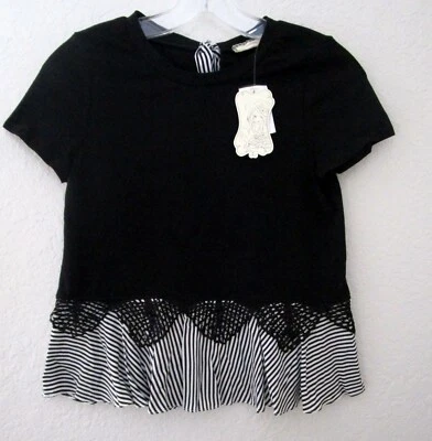 Camisa Top Soprano Niñas Peplum Negro Blanco Rayas Encaje Talla Med Dillard's NUEVA Foto 1 de 4