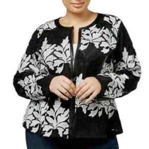 INC International Concepts Black Long Sleeve Lace Faux Leather Trim Jacket Sz 0X - Picture 1 of 6