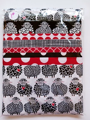 Sheepish Grin Log Cabin Quilting Fabric Pack 11+ Pcs B;ack White Red Sheep Dots - Image 1 of 4