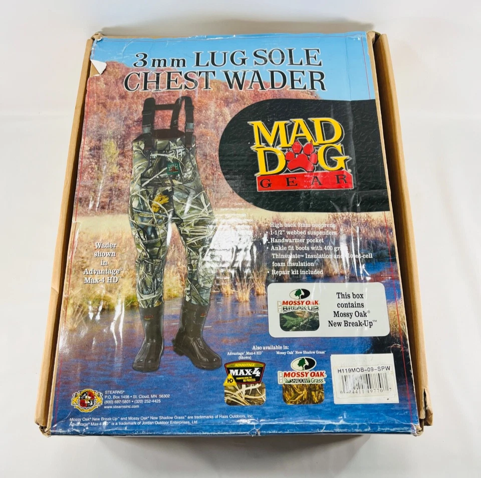 Mad Dog Gear 3.5mm Advantage Max-4 HD LUG SOLE Chest Waders Sz 9 New Open Box! - Image 1 of 4