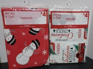 HOLIDAY STYLE- 2 Assorted Christmas Table Cloths 52x70 SNOWMEN & TRUCKS w TREES - Picture 1 of 6