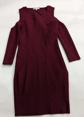 Rebecca Minkoff Josefina Dress Burgundy Form Fit Cold Shoulder Knit Ribbed Sz XS - Image 1 of 4