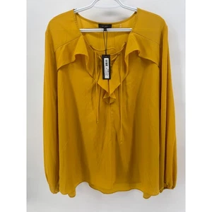 LE GALI Damen Bluse Übergröße XXL goldene Rüschen Schnürung Langarm - Bild 1 von 5