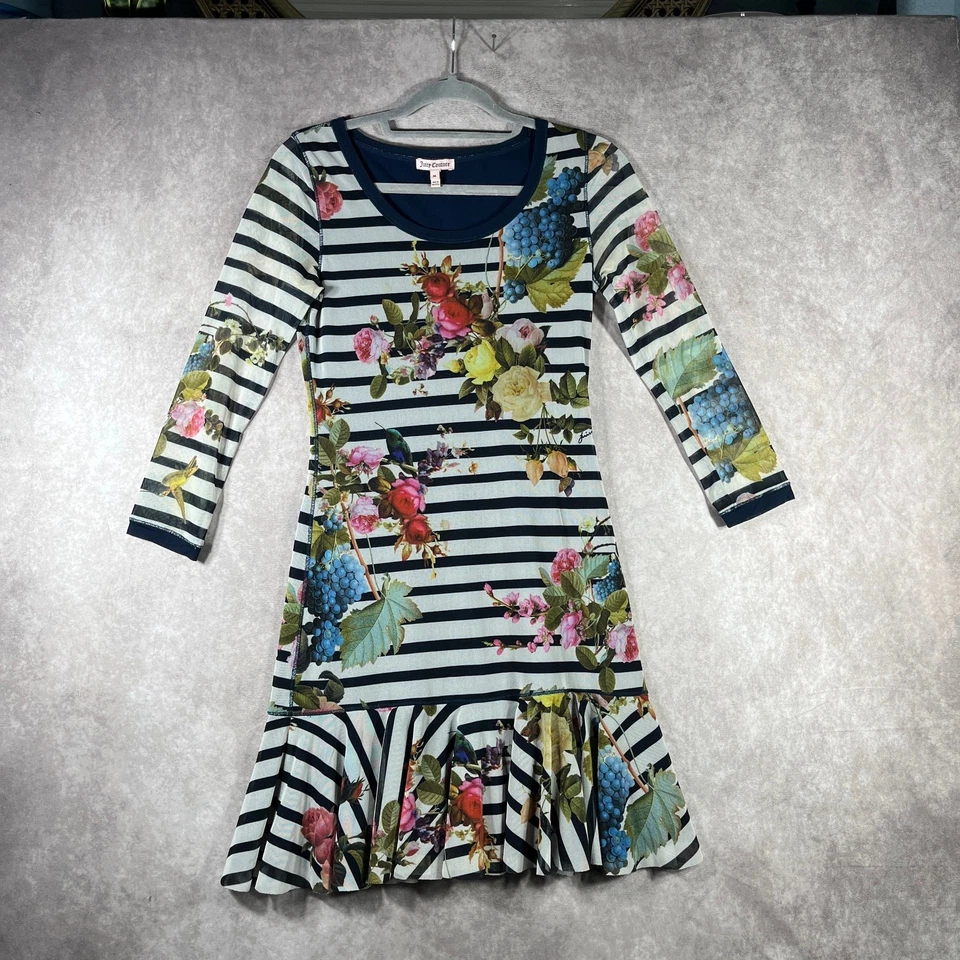 Vintage Juicy Couture Mini Dress Medium Blue White Floral Stripe Mesh Ruffle Y2K - Image 1 of 4