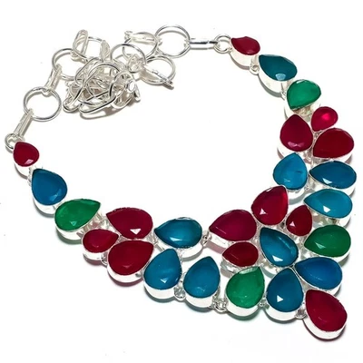 Red Simulated, Blue Jade Gemstone 925 Sterling Silver Jewelry Necklace 18" - Image 1 of 4