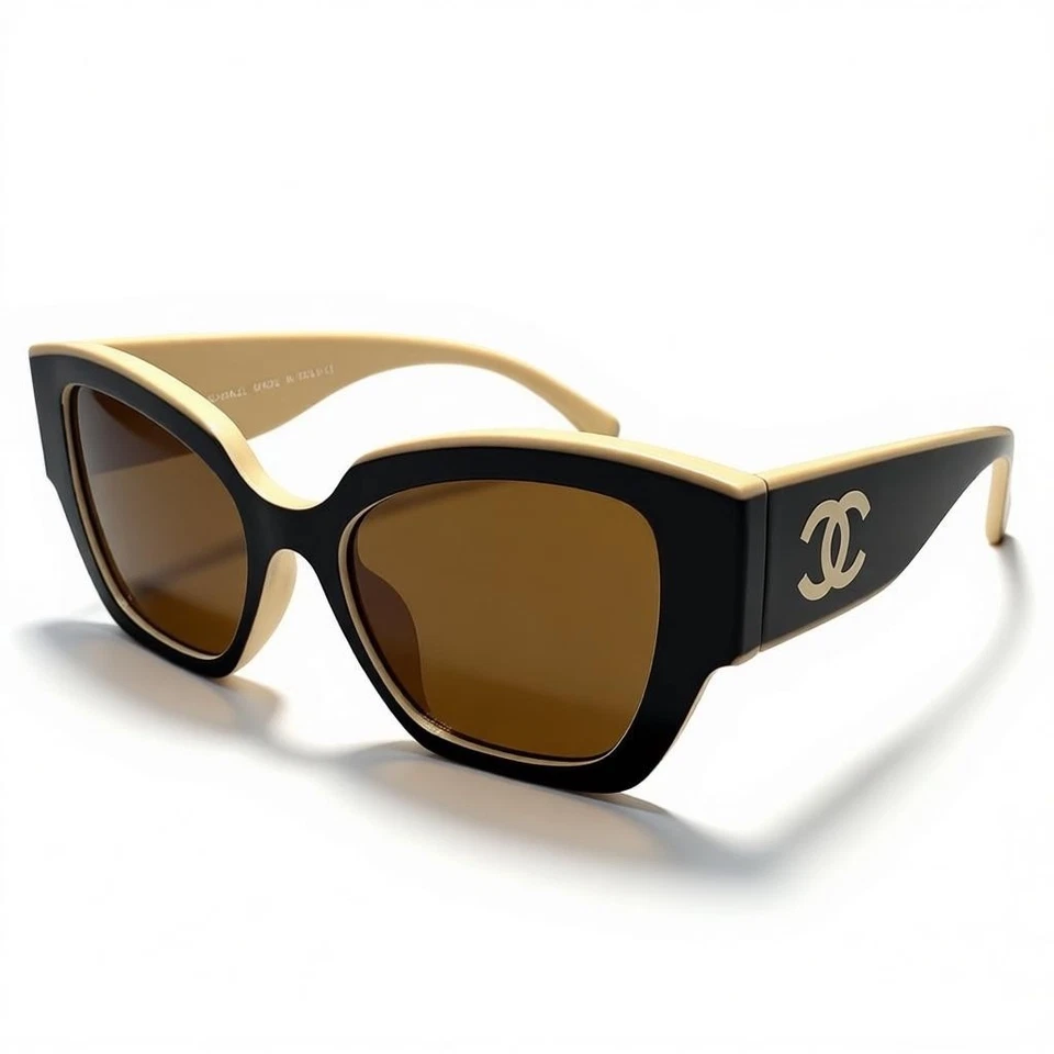 Authentic CHANEL Oversized Black and Beige Frame Sunglasses Case Box SHIPS TODAY - image 1 of 4