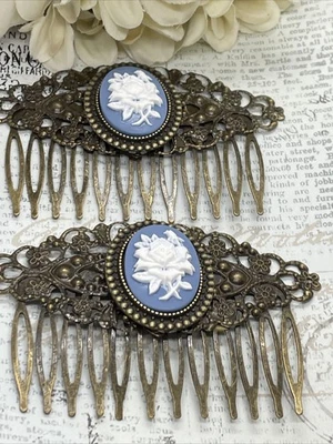 Par de peine de pelo camafeo con pasador de bronce azul azulado blanco rosa boda Foto 1 de 4