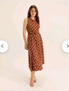BNWT REVIEW Hattie Spotty Brown White Spot, Lined, Linen, Belted Sun Dress S12 - Foto 1 di 7