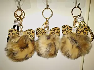 Luxury Bling Faux Fur Pompom Ball Leopard Bow Keychain Bag Ring Purse Charms A - Picture 1 of 14