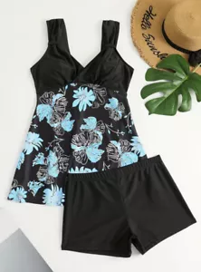 Plus Size Casual Tankini Set, Women’s Plus Tropical Print Tank Top & Shorts - Picture 1 of 5
