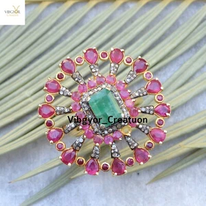 Anello Pavè Diamante Rubino Smeraldo Gemma Argento Massiccio 925 Placcato Oro Gioielli - Foto 1 di 4