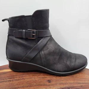 Ecco Felicia Wedge Boots Women's 37 / 6 Black Leather Comfort Buckle Booties Zip - Picture 1 of 12