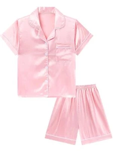 Silk Pajamas for Girls Set Satin Pjs for Kids Comfortable Nights SleepwearPin... - Picture 1 of 6