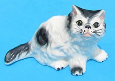 Vtg 1950s Ceramic Sitting White & Black Long Hair Kitty Cat Figurine