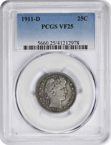 1911-D Barber Silver Quarter VF25 PCGS Cover