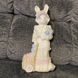 Vintage Lady Bunny Rabbit  Figurine Holding Flowers With Cart Of Eggs 10” - Picture 1 of 8