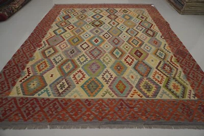 11x13英尺阿富汗Kilim米色红色手工素食染料羊毛小地毯10英尺7英寸x12英尺9 — 第 1/4 张图片