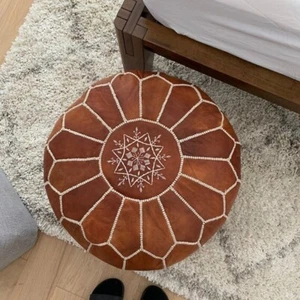 Leather Moroccan Boho Pouffe Ottoman Footstool Handmade 24'' Pouf Brown Unstuffe - Picture 1 of 4