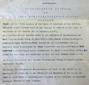 Norwood Colorado Mining Company 1st Board Meeting  Minutes Incorporation 1902 - Picture 1 of 7