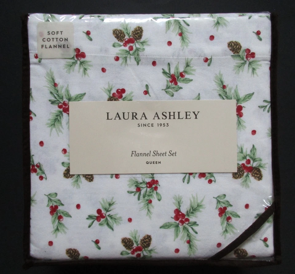 Lençóis Queen de Flanela LAURA ASHLEY 4 Peças Natal-Pinecone Toss-Evergreens Berries - Imagem 1 de 4