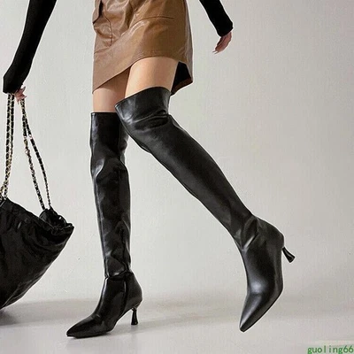 Botas largas informales de baile para mujer con tacón medio de gatito punta hasta la rodilla Foto 1 de 4