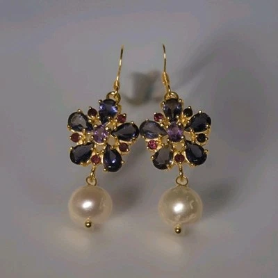 Natural Iolite , Amethyst & Pearl Garnet Dangle 925 Silver Earrings 1451 - Image 1 of 4