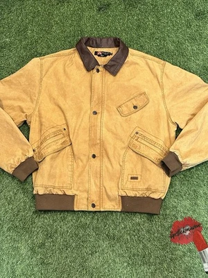 Kakadu Traders Australia Canvas Jacket Mens XL Tan Leather Trim Bomber Coat - Image 1 of 4