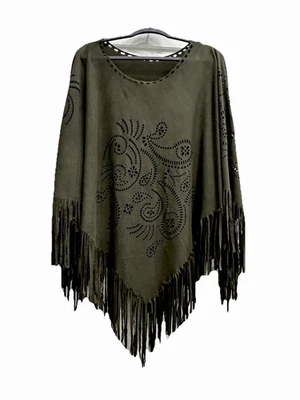 Faux Suede Olive Green Poncho Cape One Size Boho Fringe Western - Image 1 of 2