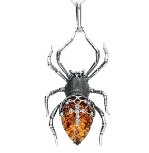 Large Amber Spider Pendant Sterling Silver 925 Cognac Pear Shape Gemstone - Picture 1 of 2
