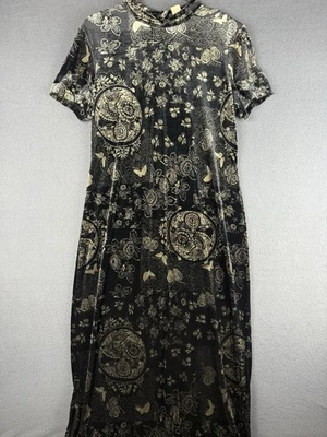 Vintage Teddi Evening Asian Cheongsam Qipao Velvet Maxi Dress 16 Black Gold - Image 1 of 4