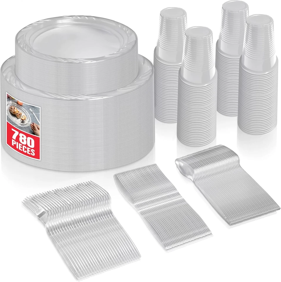 Juego de vajilla de plástico transparente de 780 piezas, servicio para 120 invitados, resistente cada uno Foto 1 de 4