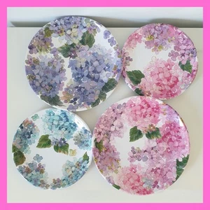 Shabby Chic Melamine Pink Blue Purple Hydrangea Floral Dinner Salad Plate Set 4 - Picture 1 of 13