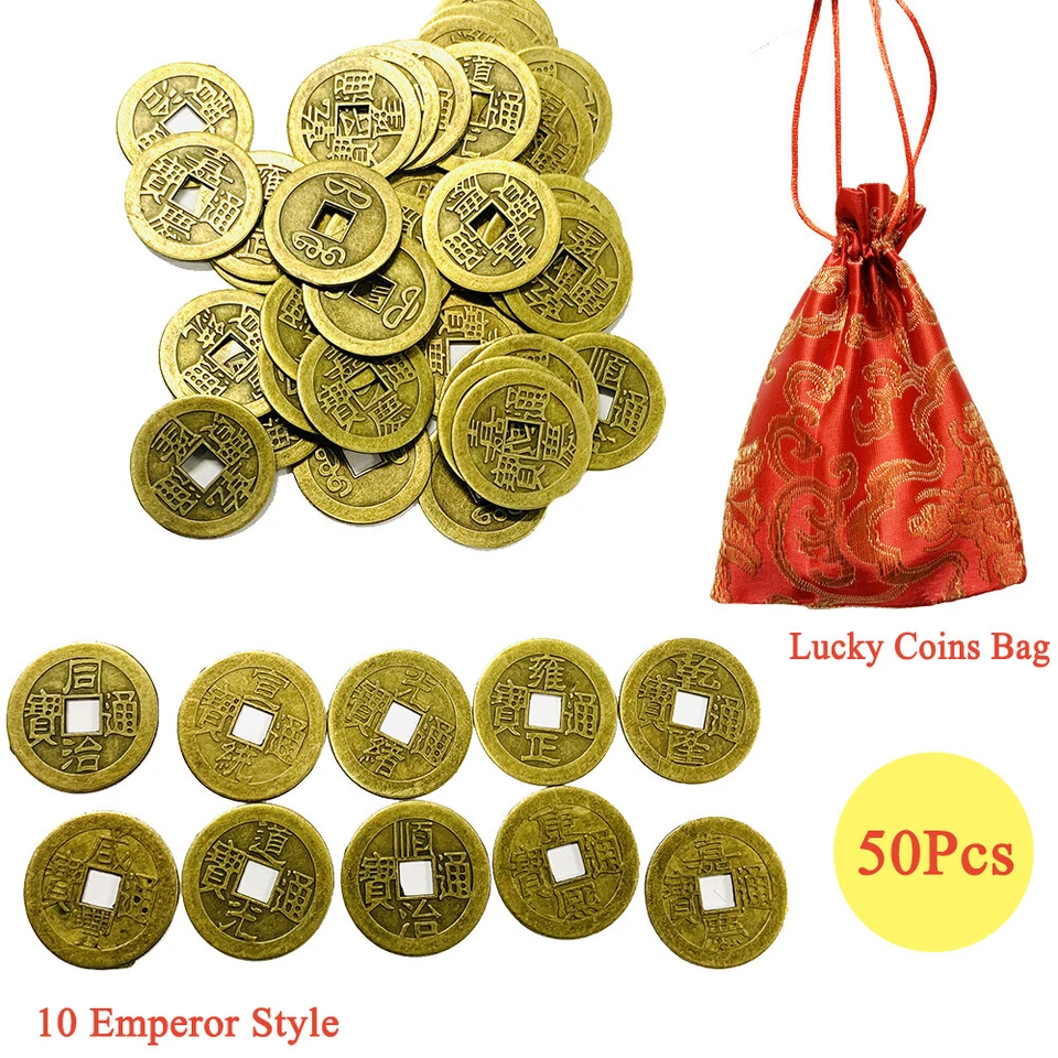 50 Feng Shui Lucky Coin Chinese Fortune 10-Emperors Ching Dragon Brass Coins