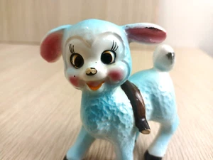 Vintage Ceramic Blue Lamb Unmarked Chipped Stands 3.5" Tall Missing Cart - Picture 1 of 8