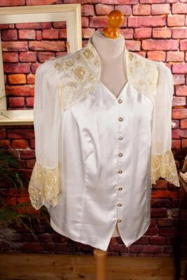Vintage Blouse White Gold Lace Satin Gothic Boho Stand Collar XL - Image 1 of 4