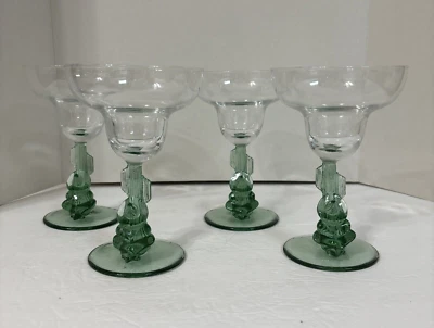 4 Siesta Margarita Glasses Green Cactus Stem Mexican Sombrero Man Set Bar Ware - Image 1 of 4
