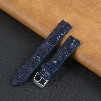 Correa de reloj de cuero azul de 18 mm de cocodrilo cocodrilo genuino con respaldo de cuerno Foto 1 de 4