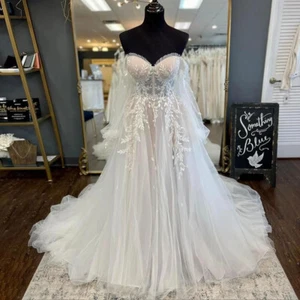 Vestidos de novia de tul cuello corazón manga larga apliques espalda descubierta vestidos de novia - Imagen 1 de 5