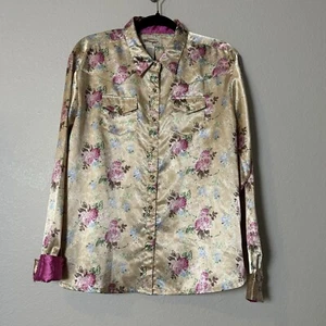 Wrangler Shirt Womens Size XL Satin Floral Button Up Western Rodeo Cottage Core - Picture 1 of 11