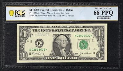 FR. 1929-K* 2003 $1 *STAR* FRN DALLAS, TX PCGS BANKNOTE SUPERB GEM UNC-68PPQ - Image 1 of 2