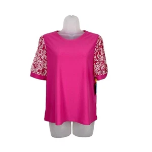 CeCe Women's Top Daisy Mixed Media Short Sleeve Bright Rose Medium Blouse - Picture 1 of 6