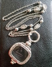 4" on 36" Vtg Filigree Chain Magnifying Glass Necklace Silver Plated Pendant