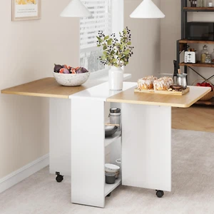 Space Saving Folding Dining Table with 2 Tier Storage-Extendable Drop Leaf Farmh - Picture 1 of 9