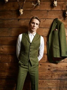Olive Green Plaid Men Suit Tweed Vintage Leisure Prom Groom Tuxedo Wedding Suit - Picture 1 of 8