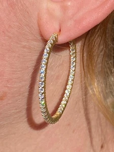 14k Gold Plated Solid 925 Sterling Silver Big CZ Endless Hoop Earrings 1.5" - Picture 1 of 14