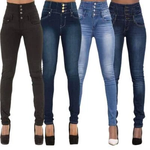 Women Denim High Waist Jeans Pencil Pants Ladies Button Stretchy Skinny Jeggings - Picture 1 of 16
