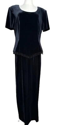 Vestido Largo Dressbarn Negro Terciopelo Fiesta Formal Cóctel Con Cuentas Flecos Elástico 14 Foto 1 de 4