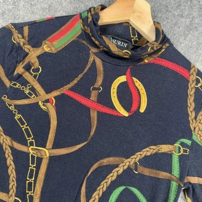 Lauren Ralph Lauren Shirt Womens Medium Navy Equestrian Print Mock Neck Stretch - Image 1 of 4
