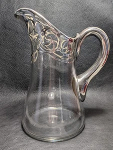 Antique Art Nouveau Silver Overlay Blown Glass Pitcher, 9 1/2in, Engraved Silver - Picture 1 of 21